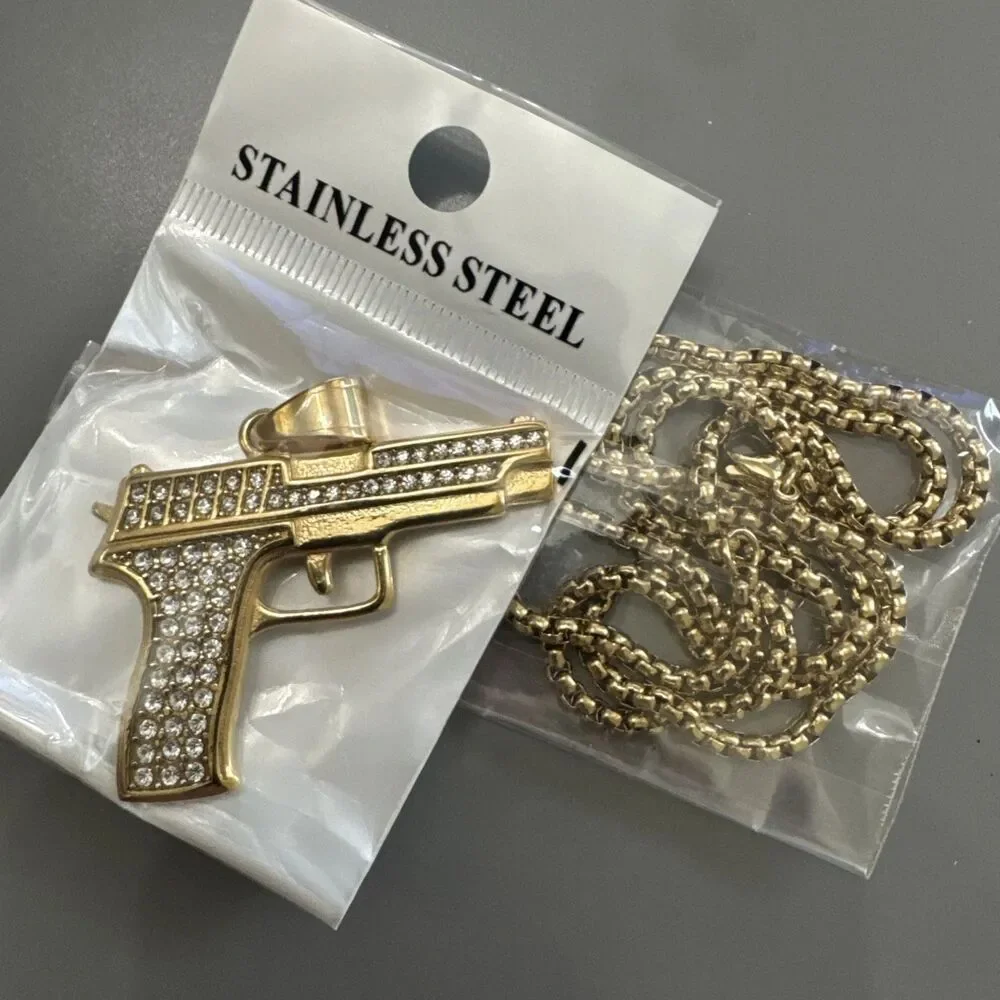 Stainless Steel Pendant Gun Glock Hip Hop Cubic Zirconia 24” Chain Gold Plated